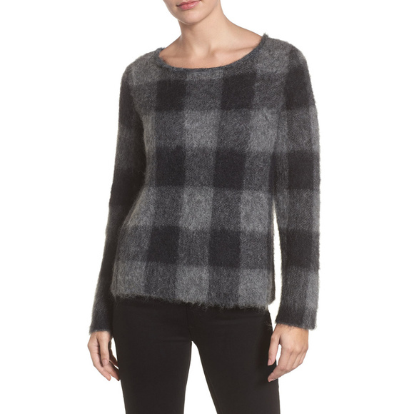 Gray Brushed Alpaca Mohair Check Plaid Sweater S